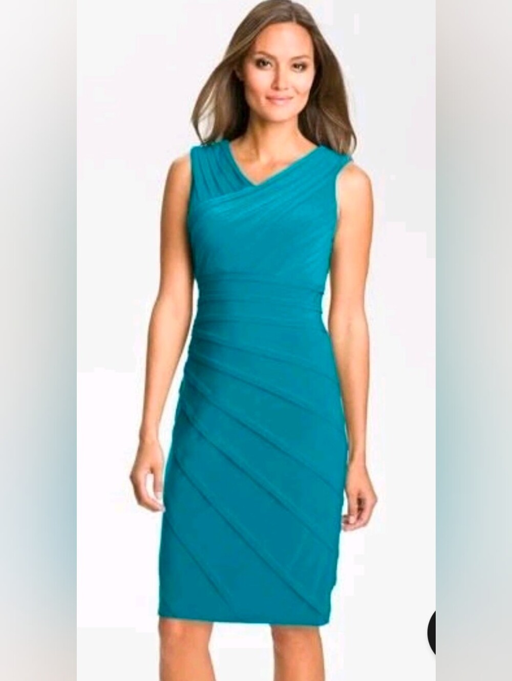 ADRIANNA PAPELL V-NECK SHUTTER PLEATED JERSEY TURQUOISE SHEATH DRESS sz 8 Nwt
